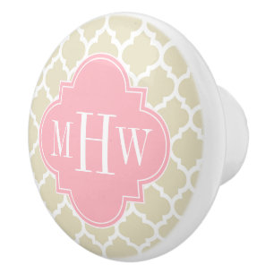 Beige, White Moroccan #5 Rosa 3 Initial Monogram Knopp