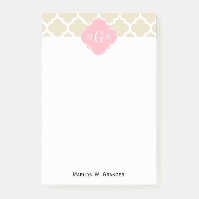 Beige, White Moroccan #5 Rosa 3 Initial Monogram Post-it Block (Framsida)