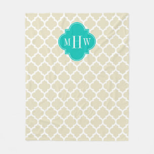 Beige White Moroccan #5 Teal 3 Initial Monogram Fleecefilt