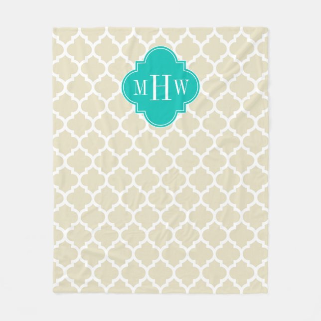 Beige White Moroccan #5 Teal 3 Initial Monogram Fleecefilt (Framsidan)