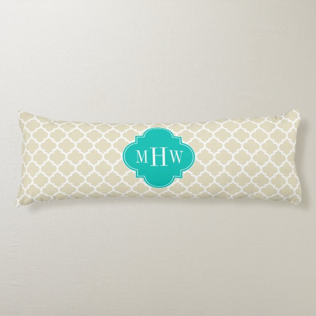 Beige White Moroccan #5 Teal 3 Initial Monogram Kroppskudde (Framsidan)