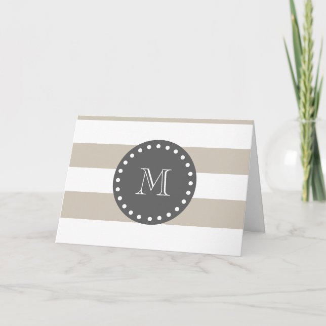 Beige White Rand Mönster, Charcol Monogram Anteckningskort (Framsida)