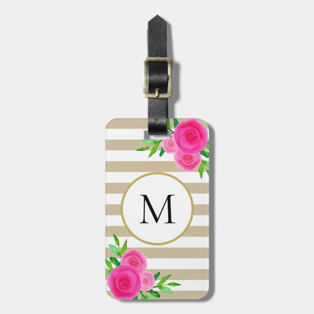 Beige White Rand Rosa Watercolor Blommigt Monogram Bagagebricka (Vertikal Framsida)