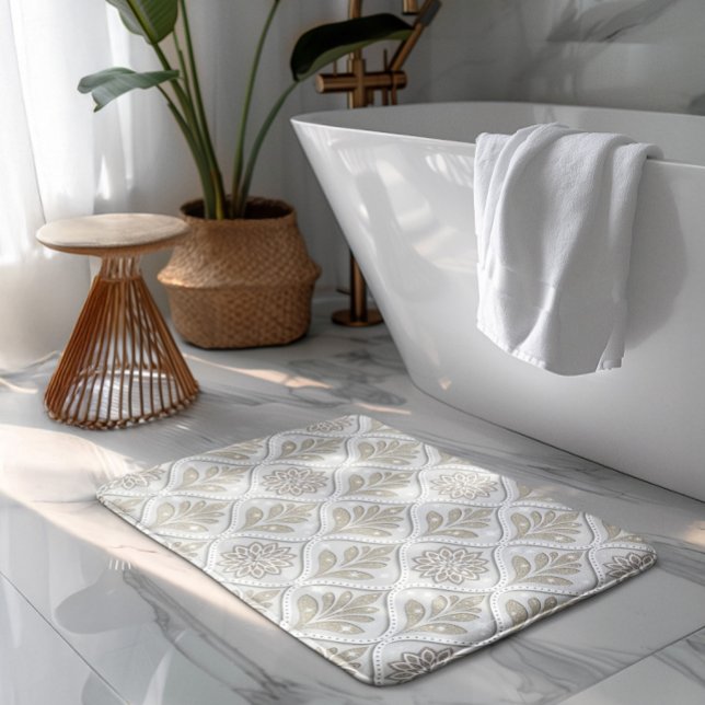 Beige & White Sparkling Quatrefoil Pattern Badrumsmatta (Skapare uppladdad)