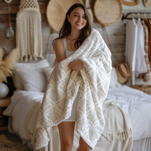 Beige & White Sparkling Quatrefoil Pattern Fleecefilt (Skapare uppladdad)