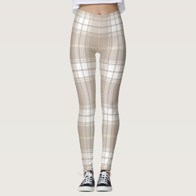 Beige White Tartan Play Mönster Rustic  Leggings (Framsida)