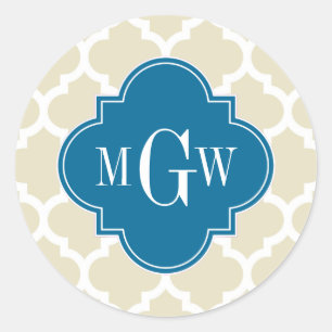 Beige Wht Moroccan #5 Peacock 3 Initial Monogram Runt Klistermärke