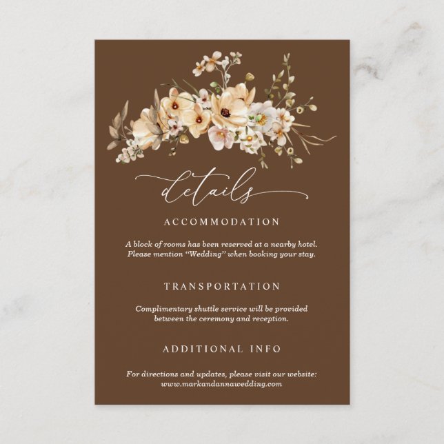 Beige Wild Flowers Wedding Details Tilläggskort (Framsida)
