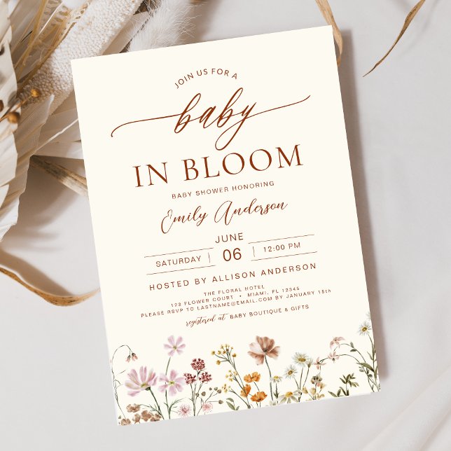 Beige Wildblomma Baby i Bloom Baby Shower Inbjudningar (Skapare uppladdad)