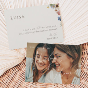 Beige Wildblomsmatade foto Matron of Honor Card Inbjudningar