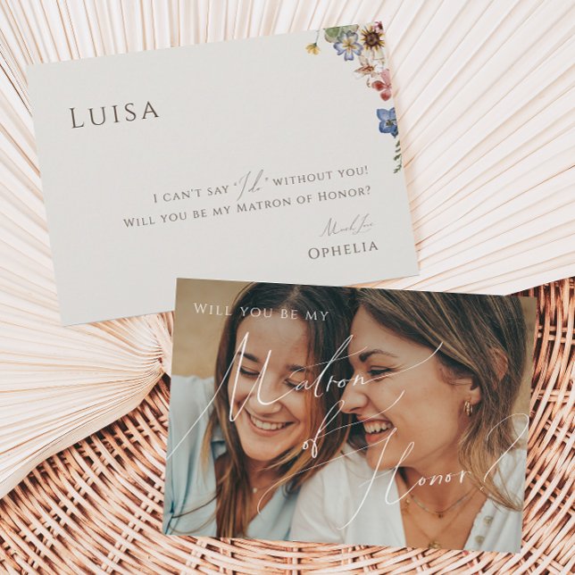 Beige Wildblomsmatade foto Matron of Honor Card Inbjudningar (Skapare uppladdad)