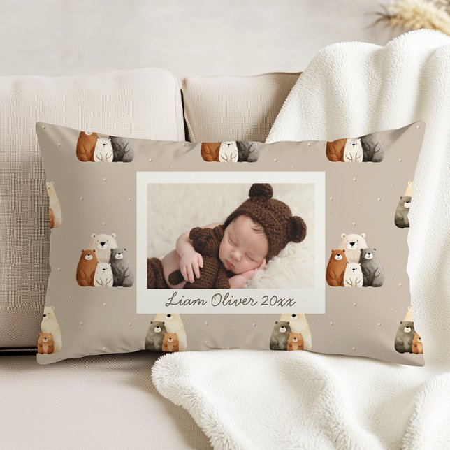 Beige Woodland Bears Pattern Custom Photo Nursery Prydnadskudde (Skapare uppladdad)