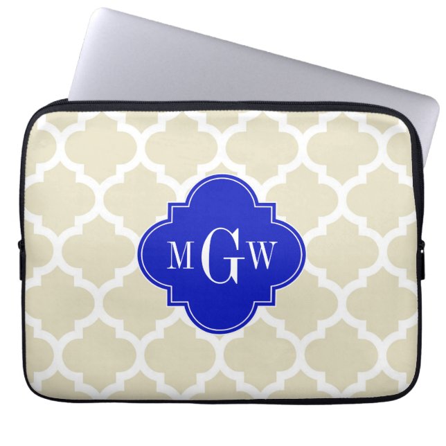 Beige Wt Moroccan #5 Royal Blue 3 Initial Monogram Laptop Sleeve (Framsidan)