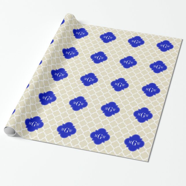 Beige Wt Moroccan #5 Royal Blue 3 Initial Monogram Presentpapper (Utrullad)