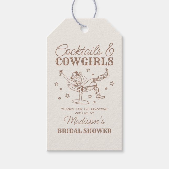 Beigefärgade drinkar och cowgirlbröllops shower-fa presentetikett (Framsidan)
