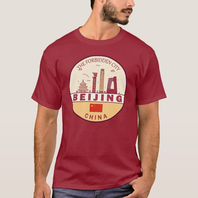 Beijing China City Skyline Emblem T Shirt (Framsida)