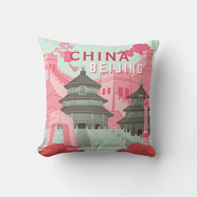 Beijing Kina Resaaffisch | Mintgrön, Rosa Konst Kudde (Framsida)