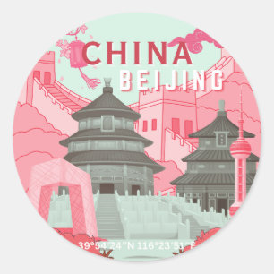 Beijing Kina Resaaffisch Mintgrön, Rosa Konst Runt Klistermärke