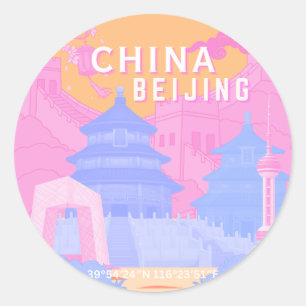 Beijing Kina Resaaffisch Rosa & Blå Pastell Runt Klistermärke