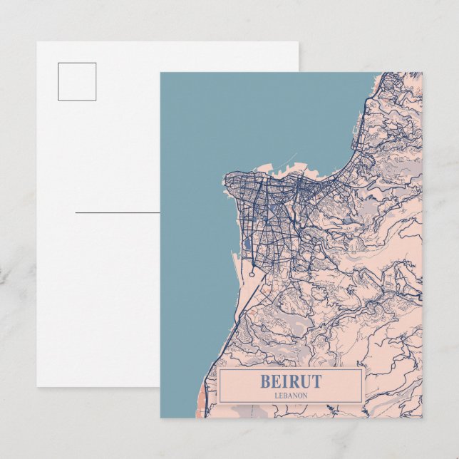 Beirut Libanon Blåsiga Stadskarta Resa Vykort (Fram/baksida)