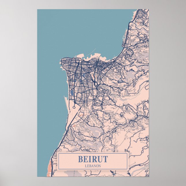 Beirut Libanon Blåsigt Stadskarta Resa Poster (Framsidan)