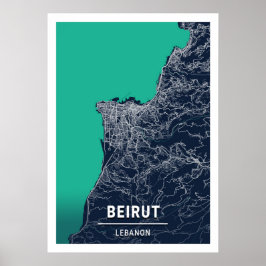 Beirut - Libanon Blue Mörk City Karta Poster