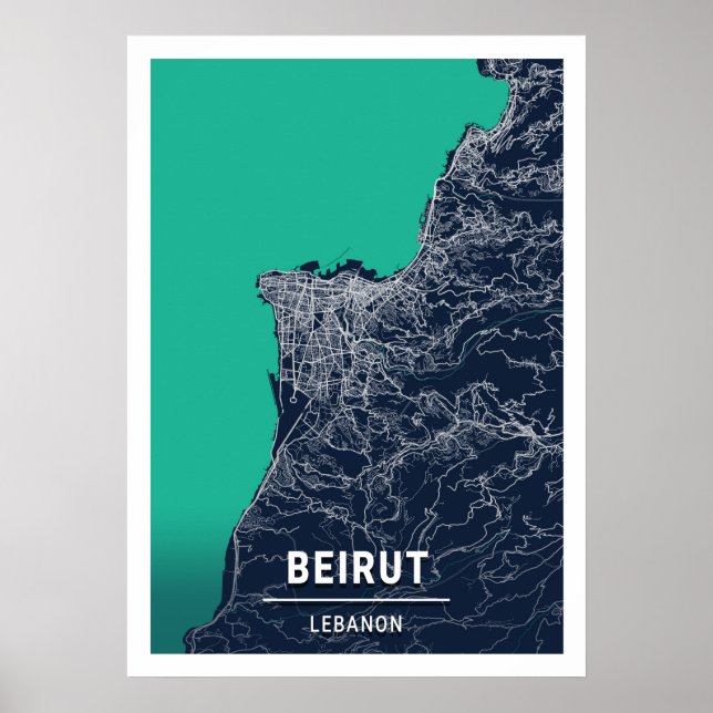 Beirut - Libanon Blue Mörk City Karta Poster (Framsidan)
