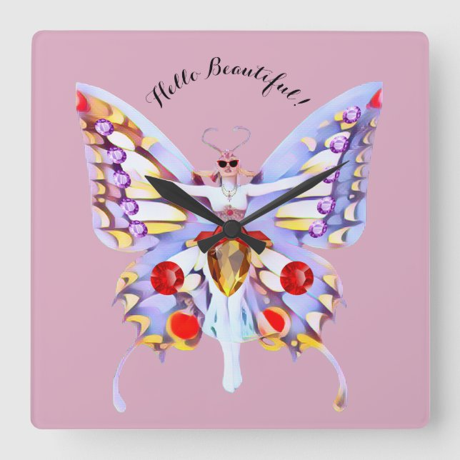 Bejeweled Dam Butterfly Art Deco-bild Fyrkantig Klocka (Framsida)