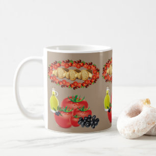 Bejtfärgat bröd, olivolja, oliver, tomotmugg kaffemugg