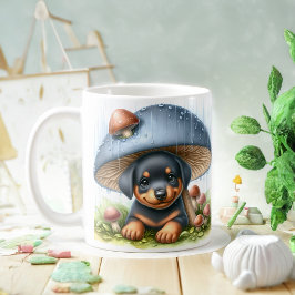 Beklaglig Doberman Puppy under Mushroom Umbrella Kaffemugg