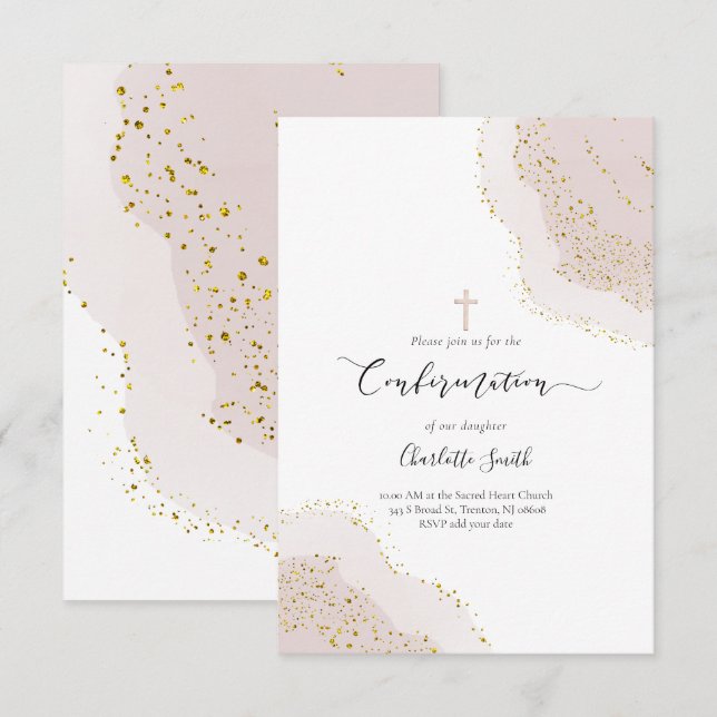 Bekräfta vattenfärgsagate-rosa-dekoration inbjudningar (Fram/baksida)