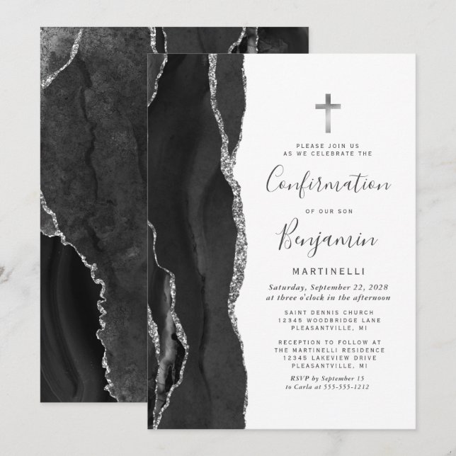 Bekräftelse av Black Agate Silver Glitter Inbjudningar (Fram/baksida)