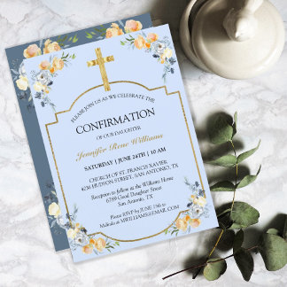 Bekräftelse av blått Blommigt i elegant Guld Kor Inbjudningar