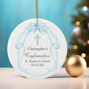 Bekräftelse av blått menyfliksområde för elegant julgransprydnad keramik