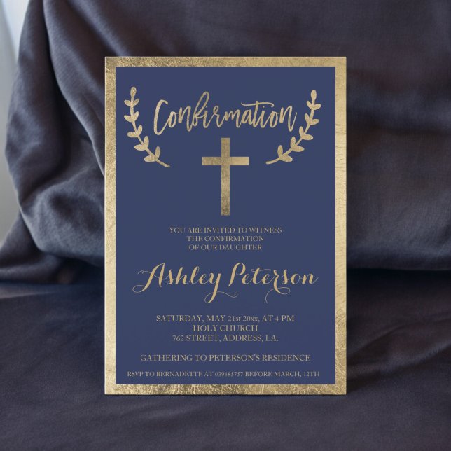 Bekräftelse av blått typografi i gräns vid guld inbjudningar (Gold navy blue typography border confirmation invitation)