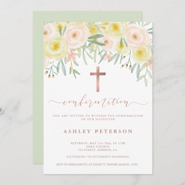 Bekräftelse av blommigt för grön vattenfärg i ro g inbjudningar (Fram/baksida)