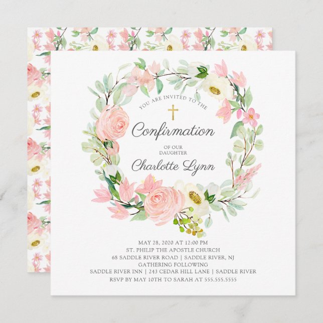 Bekräftelse av Blommigt för  Rosa för chic och Ele Inbjudningar (Fram/baksida)