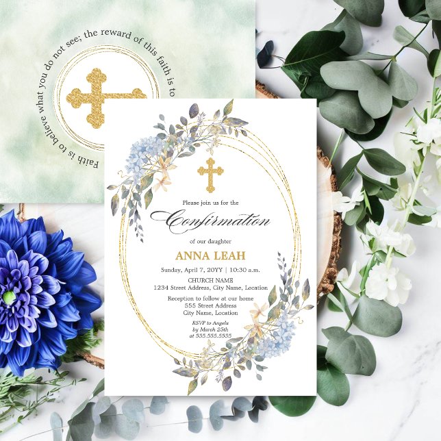 Bekräftelse av elegant Blommigt Guld Kor Inbjudningar (Beautiful watercolor floral and gold frame religious event invitation front and back view.)
