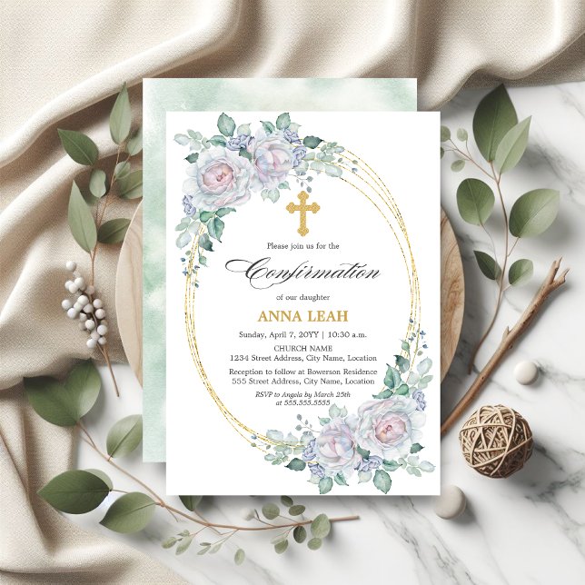 Bekräftelse av elegant Blommigt Ro Guld Kor Inbjudningar (Elegant Floral Rose Gold Cross Confirmation Invite front and back view.)
