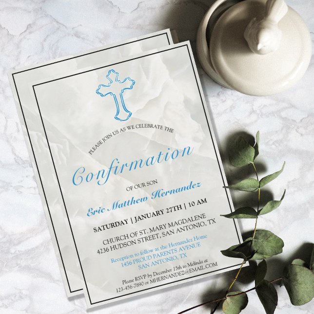 Bekräftelse av elegant Blue Kor Marble Boys Inbjudningar (MODERN BLUE CROSS MARBLE CONFIRMATION INVITATION)