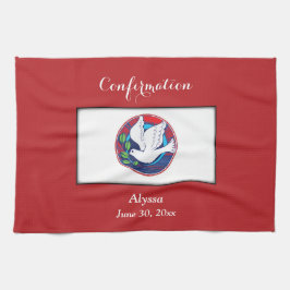 Bekräftelse av färgfull duva på röd bakgrund kökshandduk