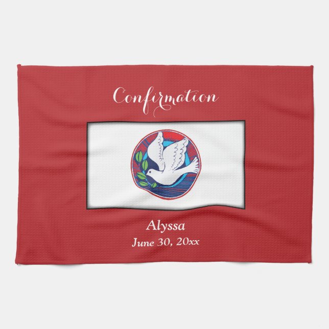 Bekräftelse av färgfull duva på röd bakgrund kökshandduk (Horisontell)