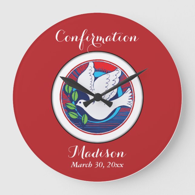 Bekräftelse av färgfull duva på röd bakgrund stor klocka (Framsida)