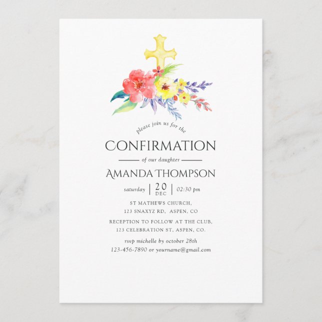 Bekräftelse av färglös vattenfärgsfärgad Blommigt Inbjudningar (Framsida)
