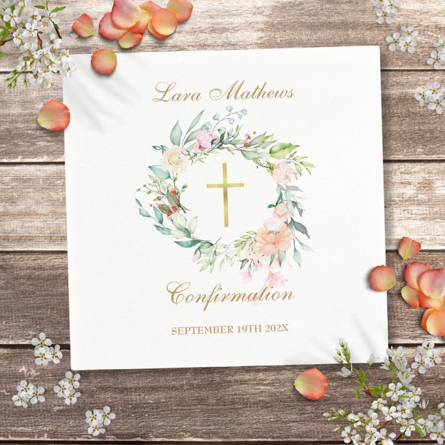 Bekräftelse av Garland vid Blommigten Guld Kor Pappersservett (Confirmation Gold Cross Floral Garland Napkins)