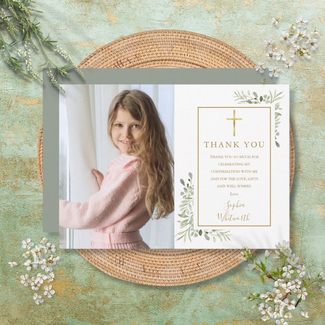 Bekräftelse av Greenery Blommigt Photo Guld Tack Kort (Greenery Floral Photo Gold Confirmation Thank You Card)