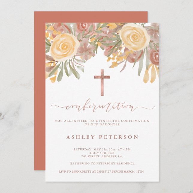 Bekräftelse av grönt om ro guld blommigt terracott inbjudningar (Fram/baksida)