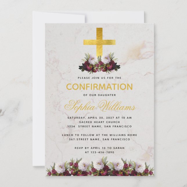 Bekräftelse av Guld Kor Burgundy Peony Marble Inbjudningar (Framsida)