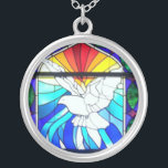 Bekräftelse av heliga spirit-glasdova silverpläterat halsband<br><div class="desc">Det här är en vacker glasbild av nedfläckaden Heliga Spirit | Heliga Ghost i form av en duva. En underbar gåva till någon som får Sacrament of Confirmation. Shower of Ro Shoppe bär också samordnande bekräftelsekort,  heligor och manar.</div>