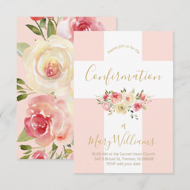 Bekräftelse av katolska vita kor och blommor inbjudningar (Fram/baksida)